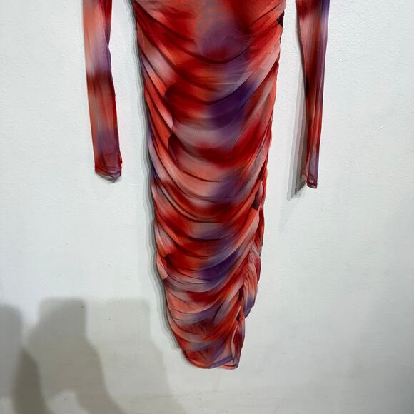 Capsulle Red Summer Heat Print Mesh Ruched Midi Bodycon Dress Sz M - Picture 4 of 14